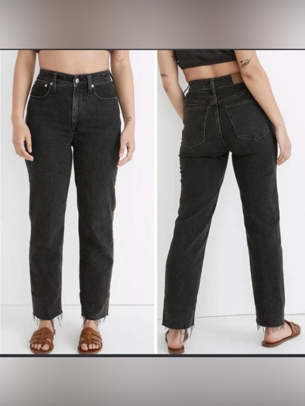 Madewell The Perfect Vintage Straight Leg Jeans Black Denim Raw Hem Size 28/6